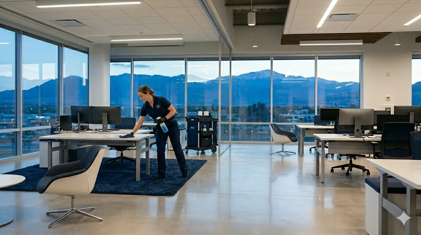 Professional cleaner finishing a commercial space after detailed service